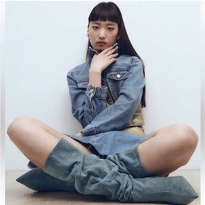 Zara Blue Knee-High Slouchy Denim Boots size 10.5 EU 41